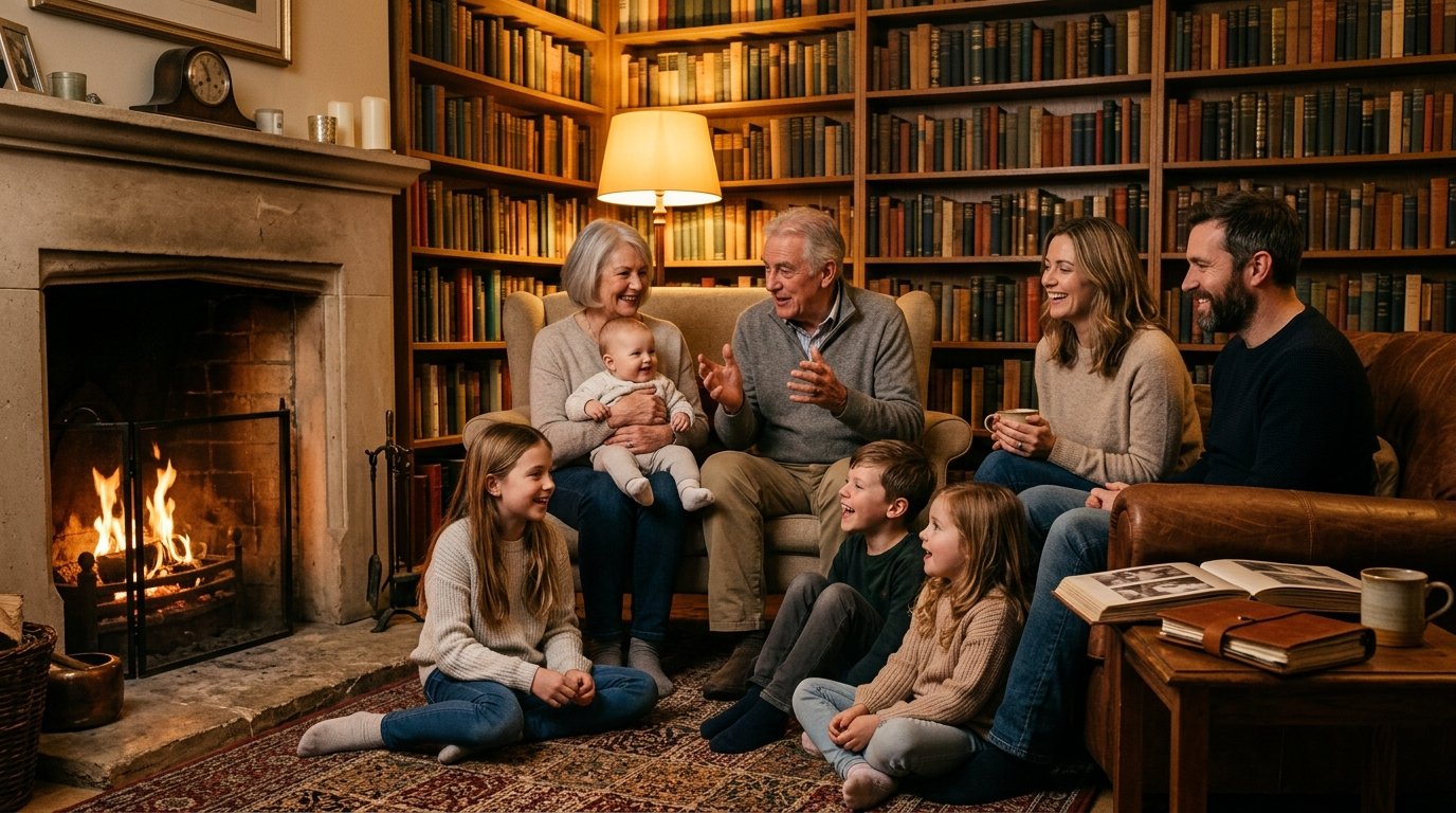 Familia caucasiana compartiendo historias junto a la chimenea en una biblioteca cálida